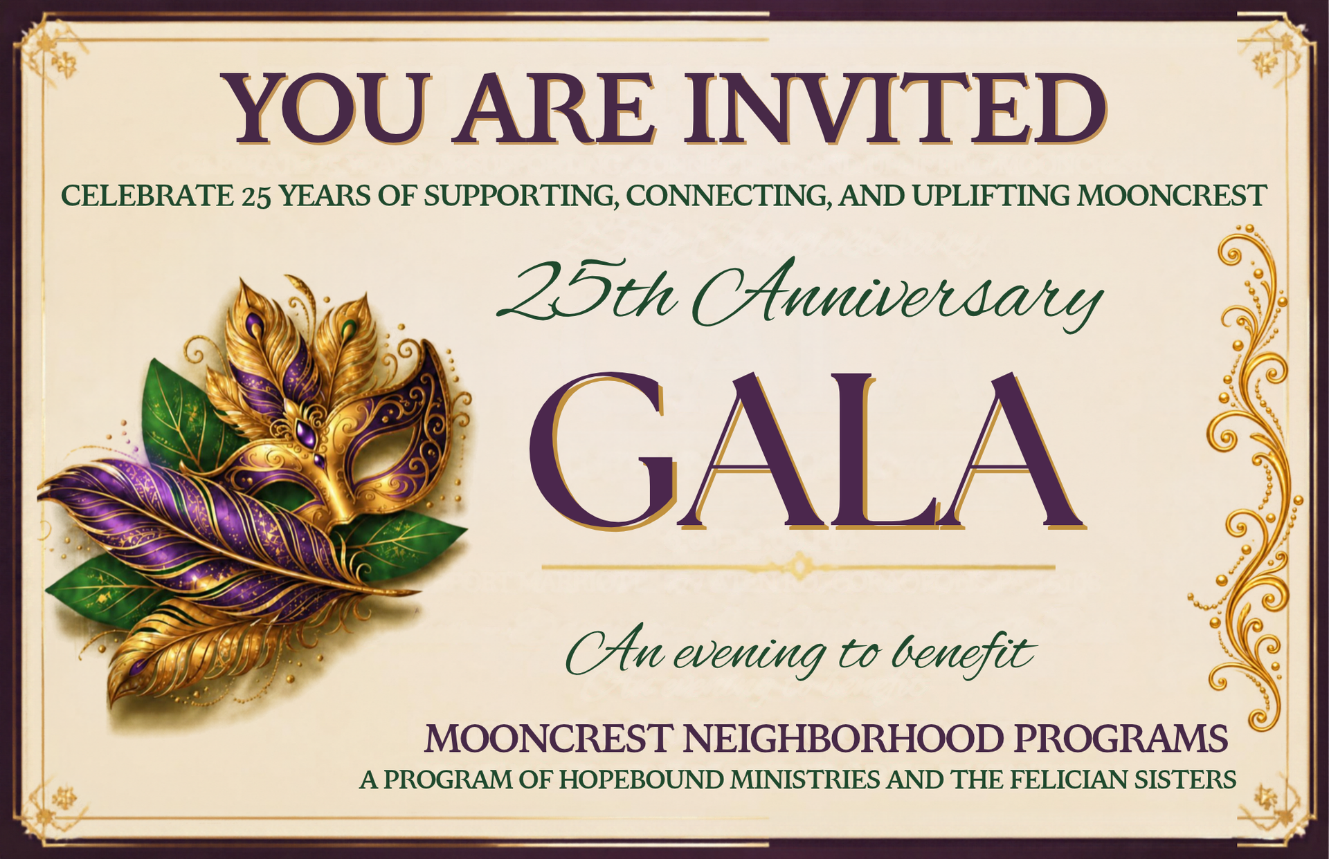 You are invited to Mooncrest Neighborhood Programs' 25th Anniversary Gala, an evening to benefit Mooncrest Neighborhood Programs